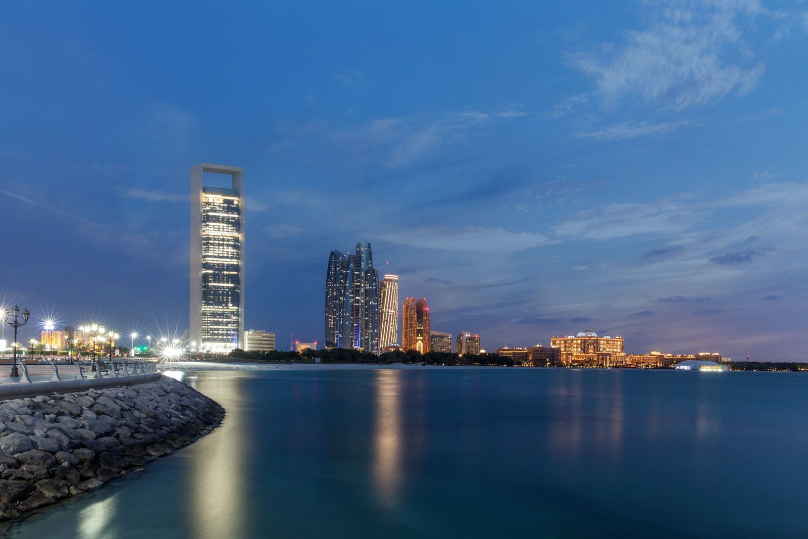 Abu Dhabi Corniche skyline at blue hour