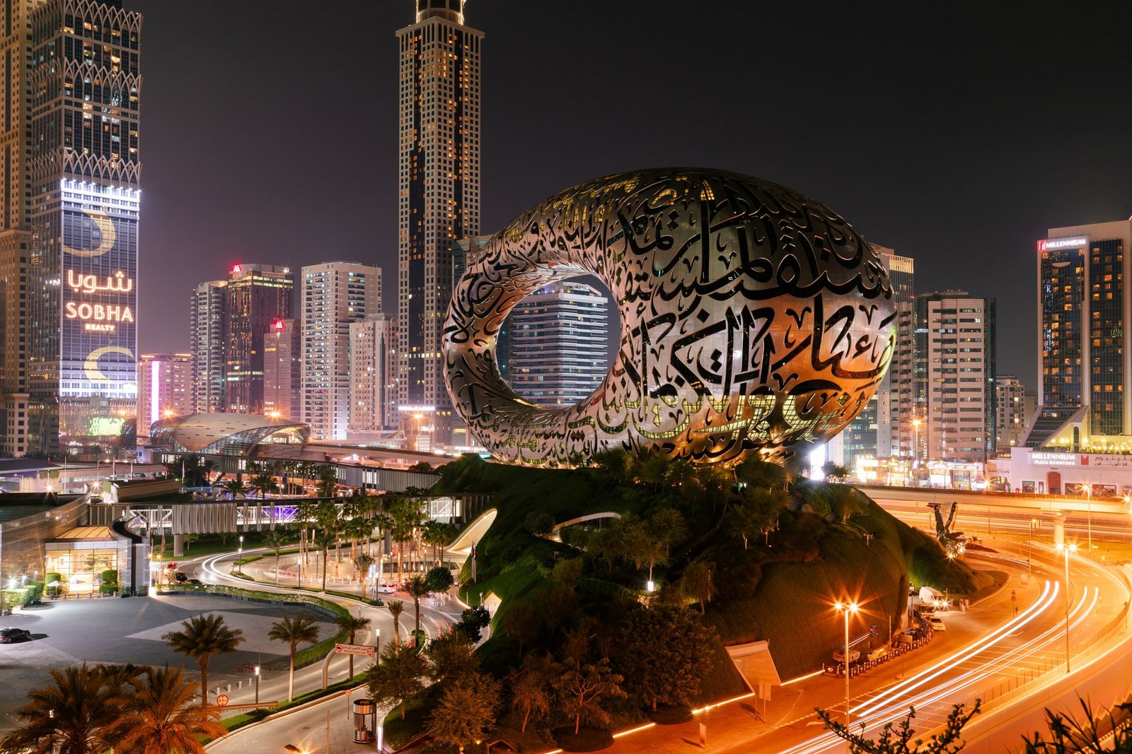 Museum of the Future and Sheikh Zayed Road in Dubai at night
