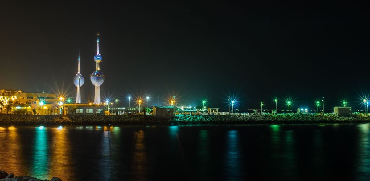 Kuwait Towers and the Kuwait City waterfront at night